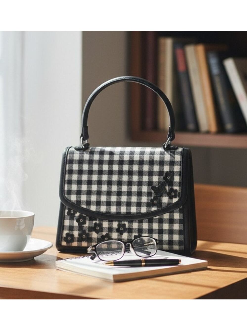Cato Black White Plaid Faux Leather Satchel Purse Crossbody Bag Strap